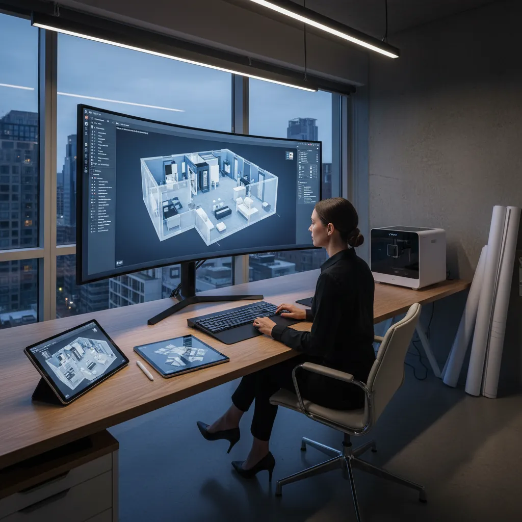 Designer working on a 3D interior design drawing using a large monitor and two tablets