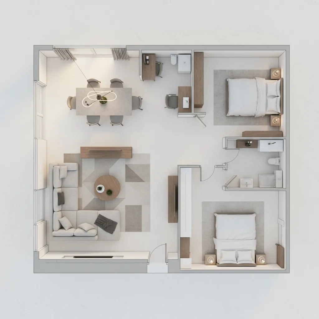 Plano de distribución de apartamento con zonas funcionales marcadas