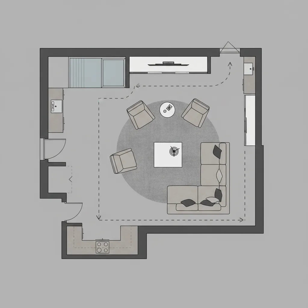 Living room layout diagram showing furniture placement and circulation paths