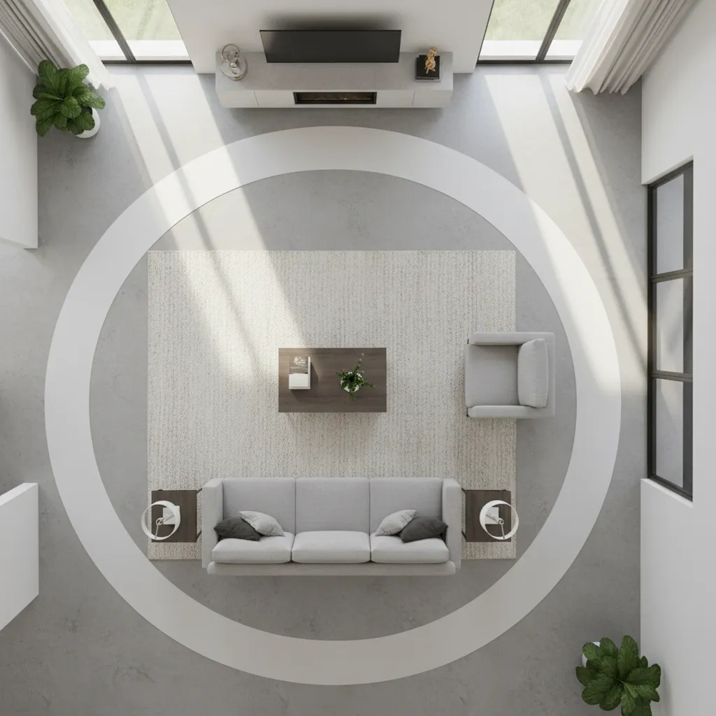 Living room space planning example showing clear circulation paths and furniture spacing