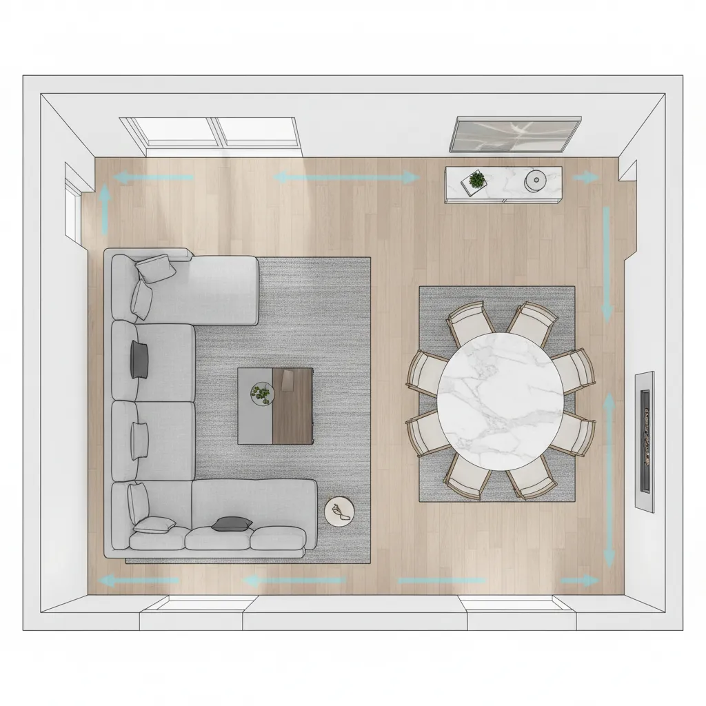 interior space planning example showing furniture spacing and walking paths