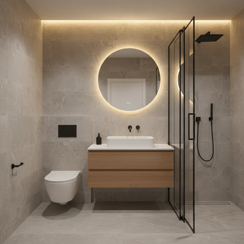 Compact bathroom with wall mounted toilet and slim vanity maximizing floor space