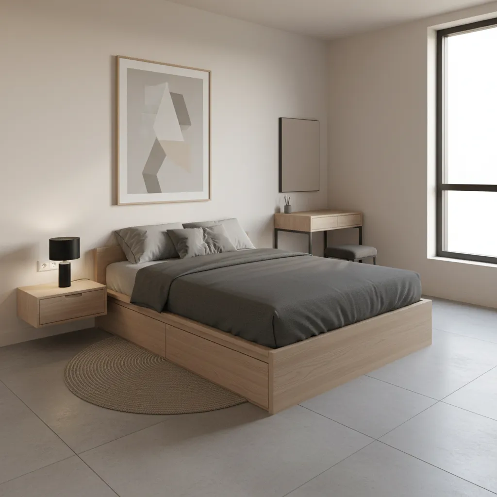 Space saving furniture in a small male bedroom including platform bed and floating nightstand