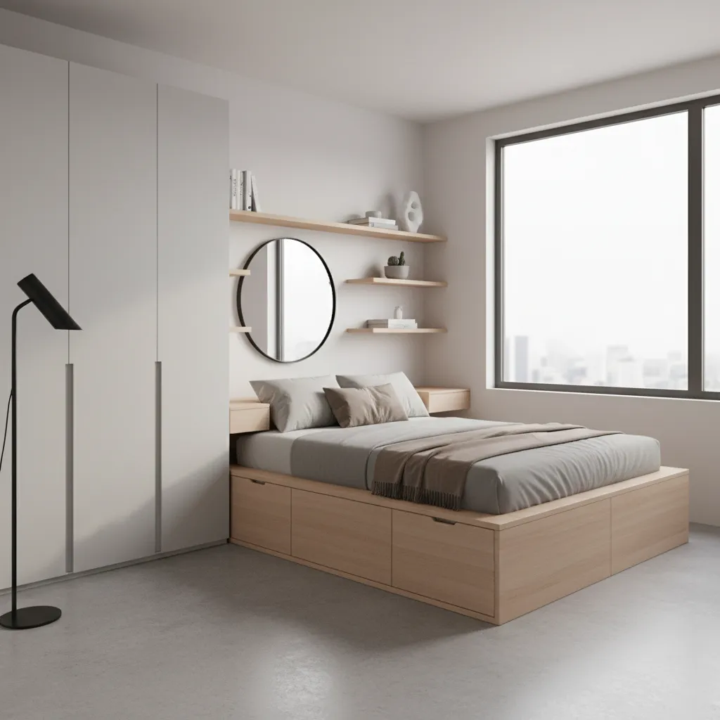 Space saving bedroom furniture with storage bed and wall shelves