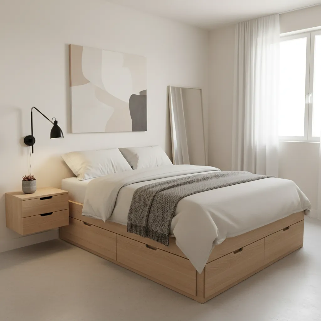 Small bedroom with storage bed and floating nightstand