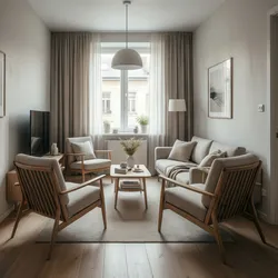 Small cozy living room with beige sofa wooden chairs coffee table grey rug ceiling light