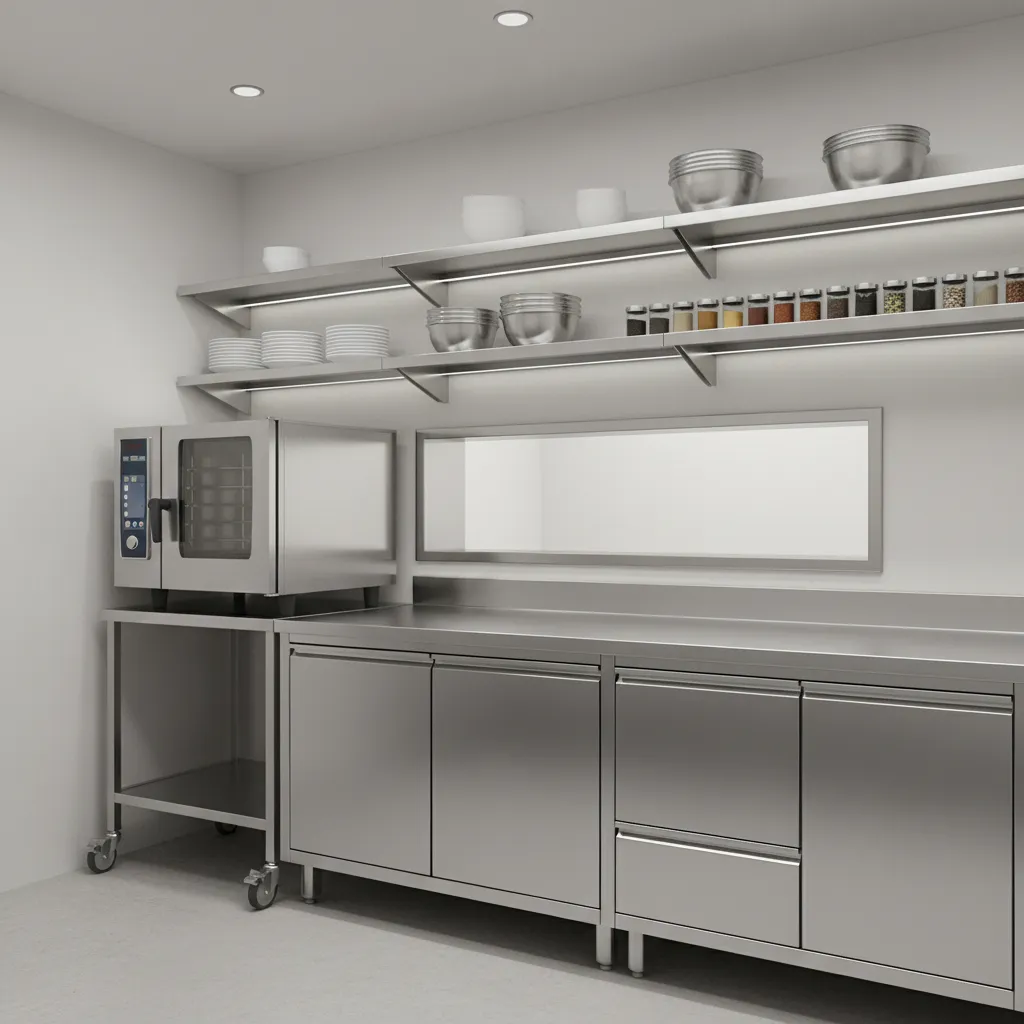 space saving equipment in a small commercial kitchen with undercounter fridge and combi oven
