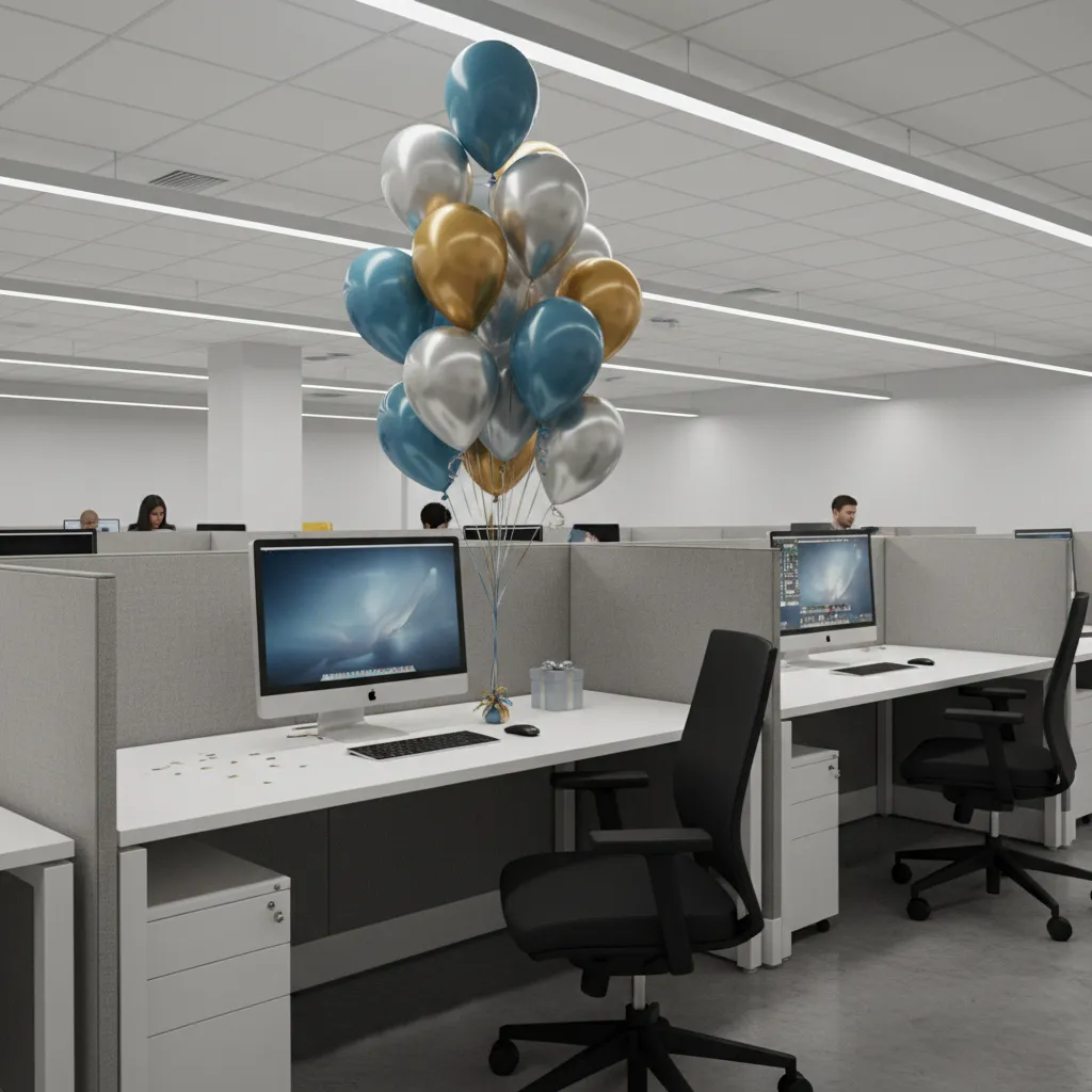 balloon cluster tied to office chair in small cubicle birthday setup