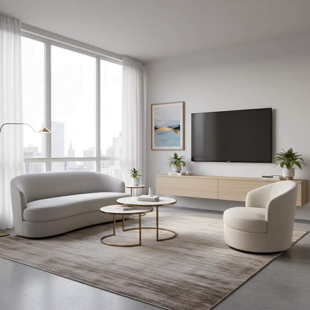 Small living room with curved loveseat swivel chair and nesting tables