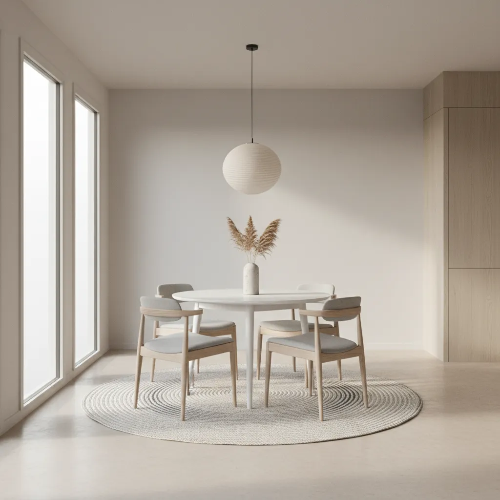 Slim armless dining chairs arranged around a small round table