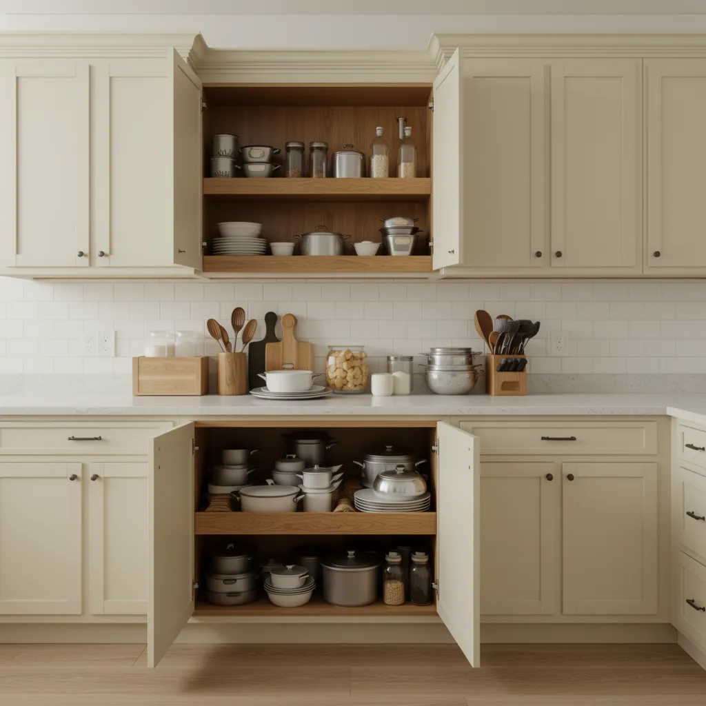 French country kitchen cabinet storage solutions in a small modular apartment kitchen