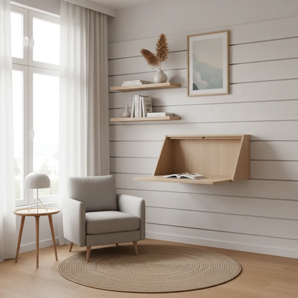 space saving furniture in small apartment den with fold desk and shelves