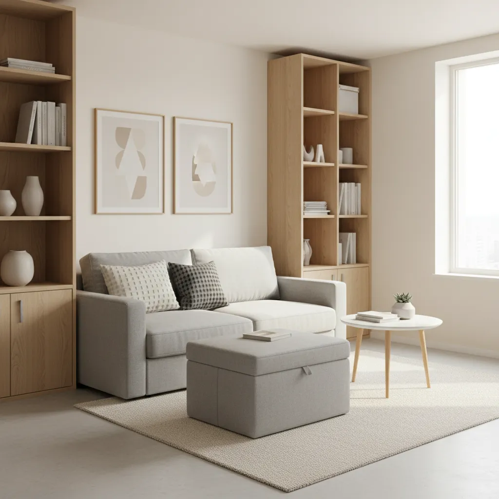Multifunctional furniture in a compact apartment living room