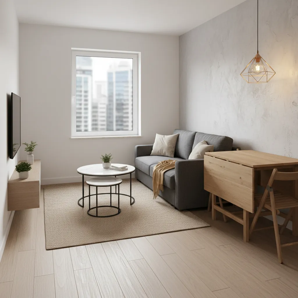 Small apartment living room with grey sofa, folding wooden table, coffee table, and city view