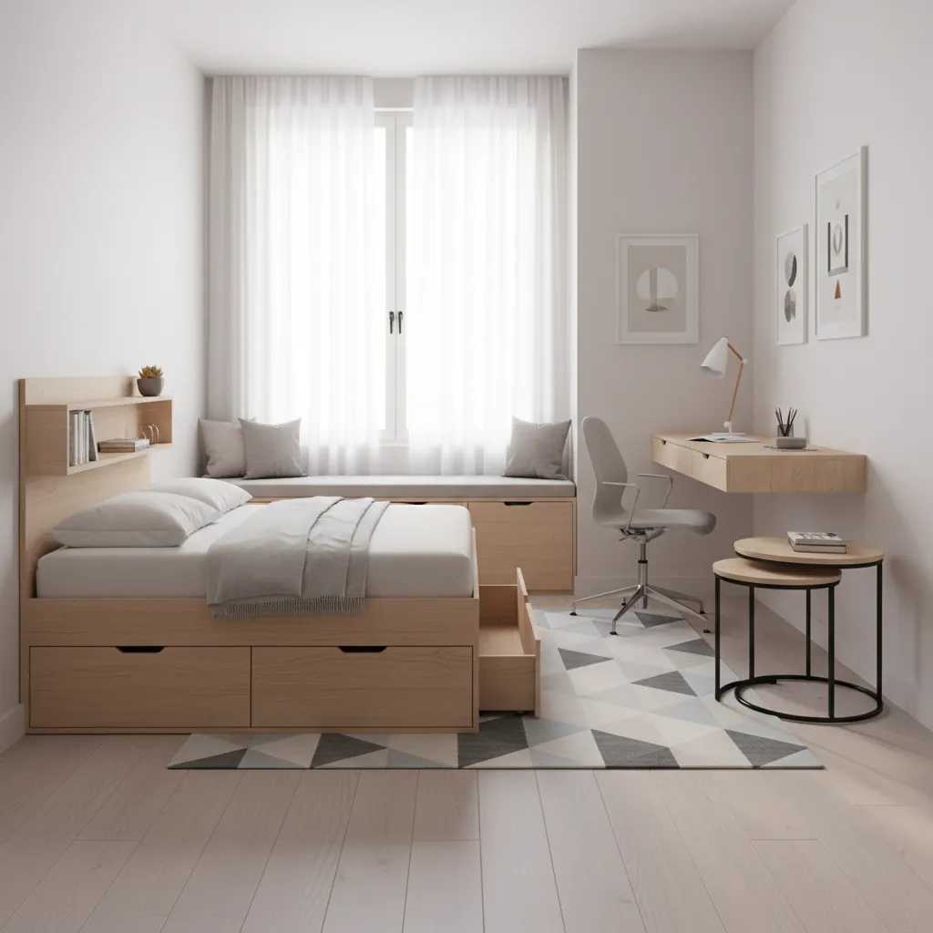 Small bedroom with storage bed and compact desk furniture