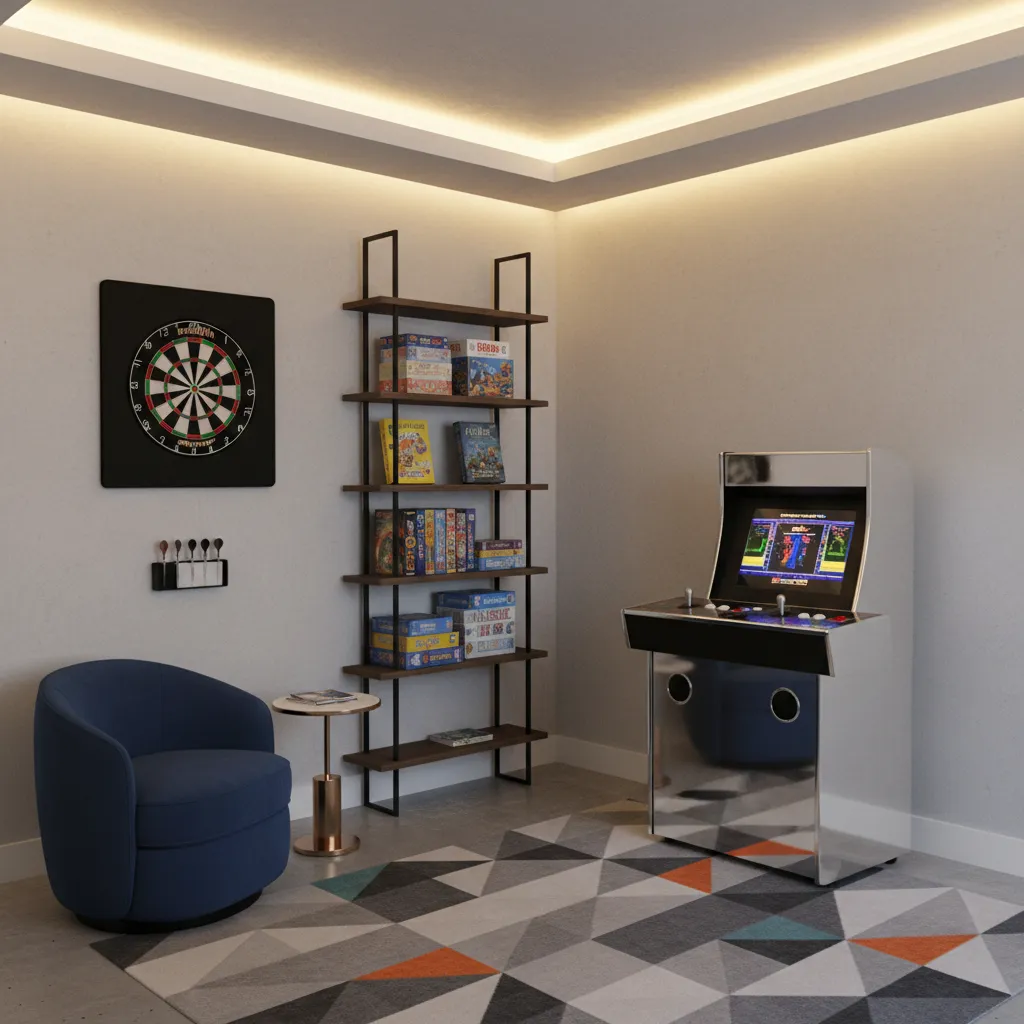 Space saving arcade cocktail table and dartboard setup in small game room