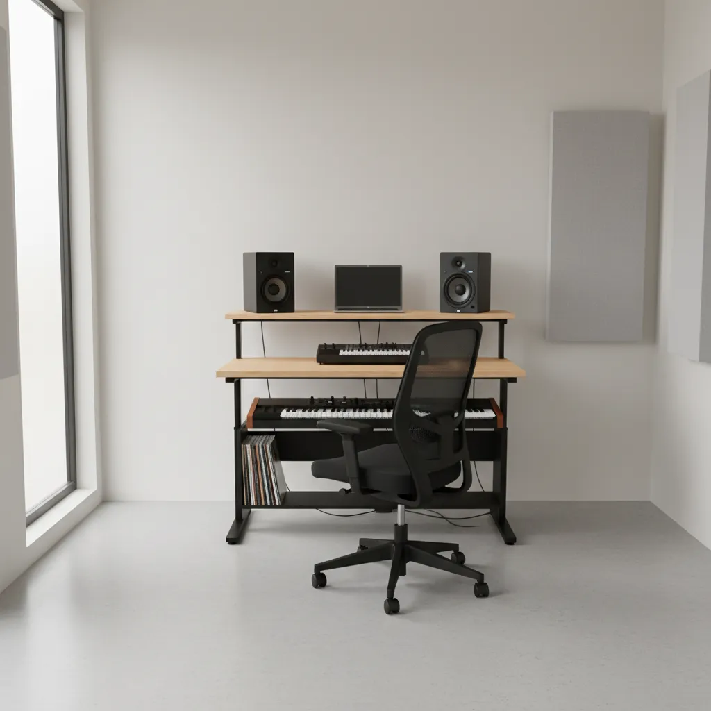 small music studio with compact desk keyboard stand and ergonomic layout