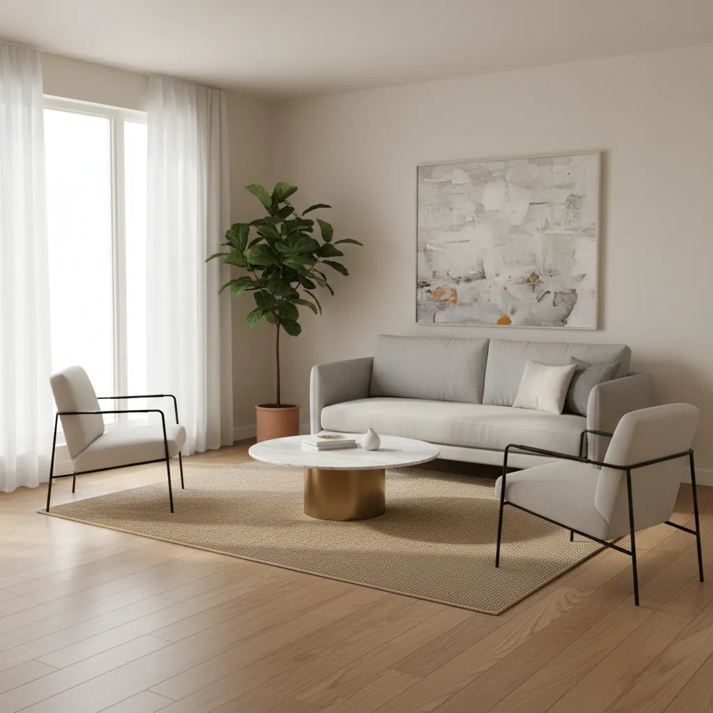 Slim sofa and lightweight chairs in small living room layout