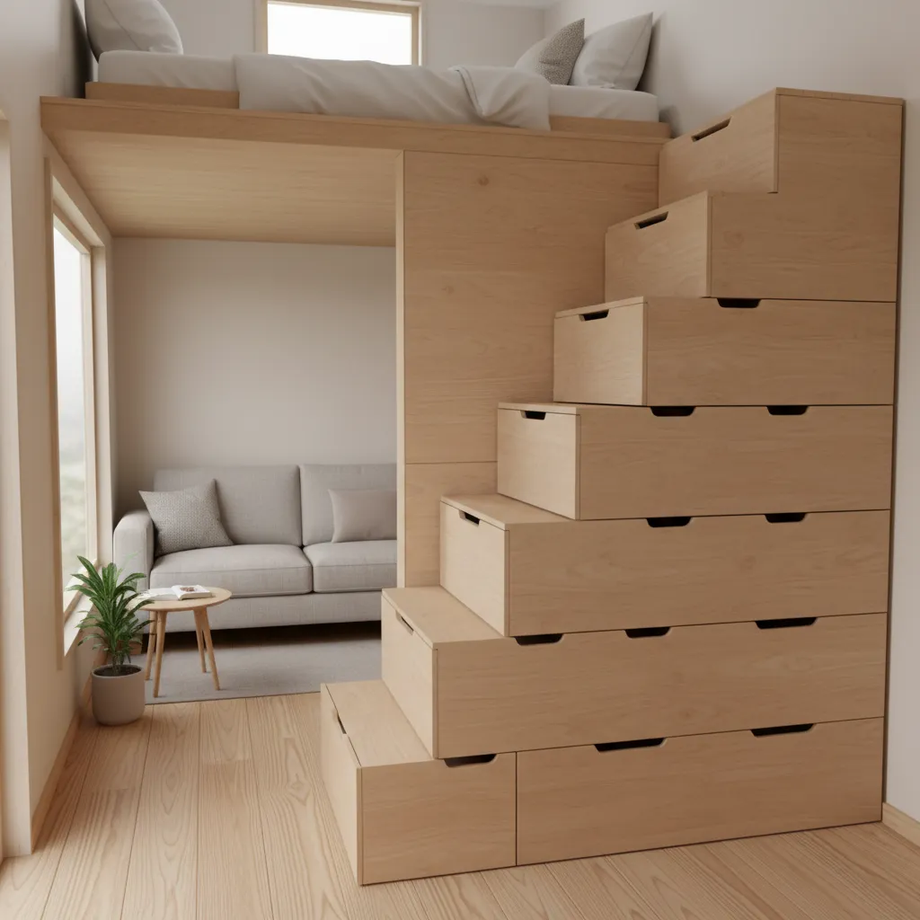 Cầu thang tiết kiệm diện tích trong nhà nhỏ có gác lửng
