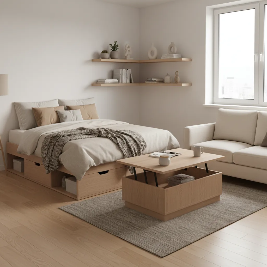 Multifunction furniture in a small studio apartment layout