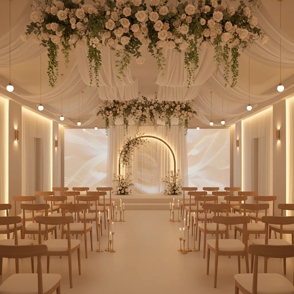 Wedding hall using hanging floral decor and minimal floor decorations
