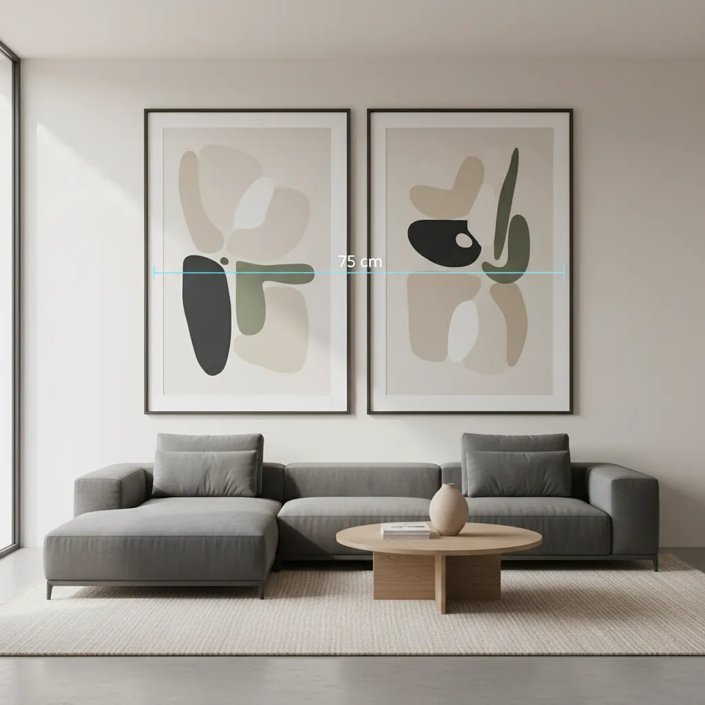 Demonstration of proper spacing between two large picture frames on a wall