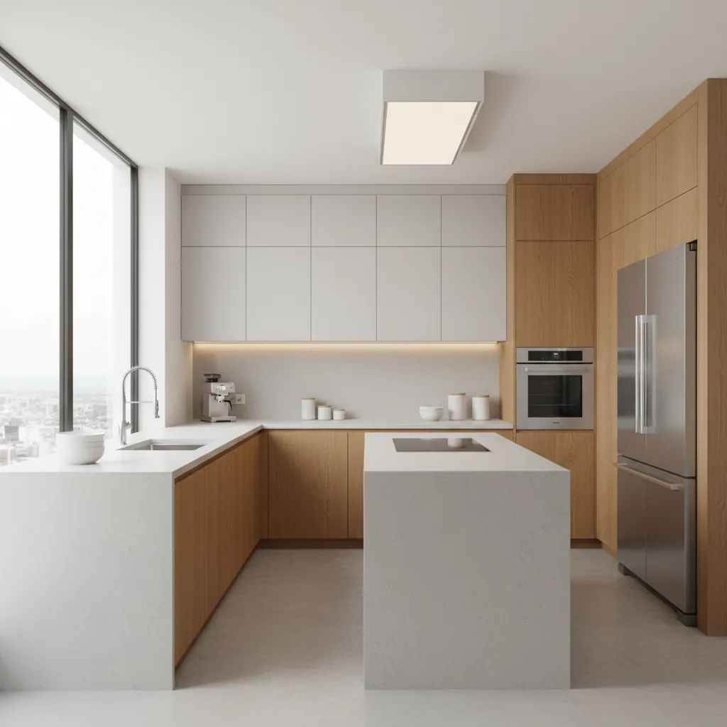 Spacious modern apartment kitchen with large counter and storage