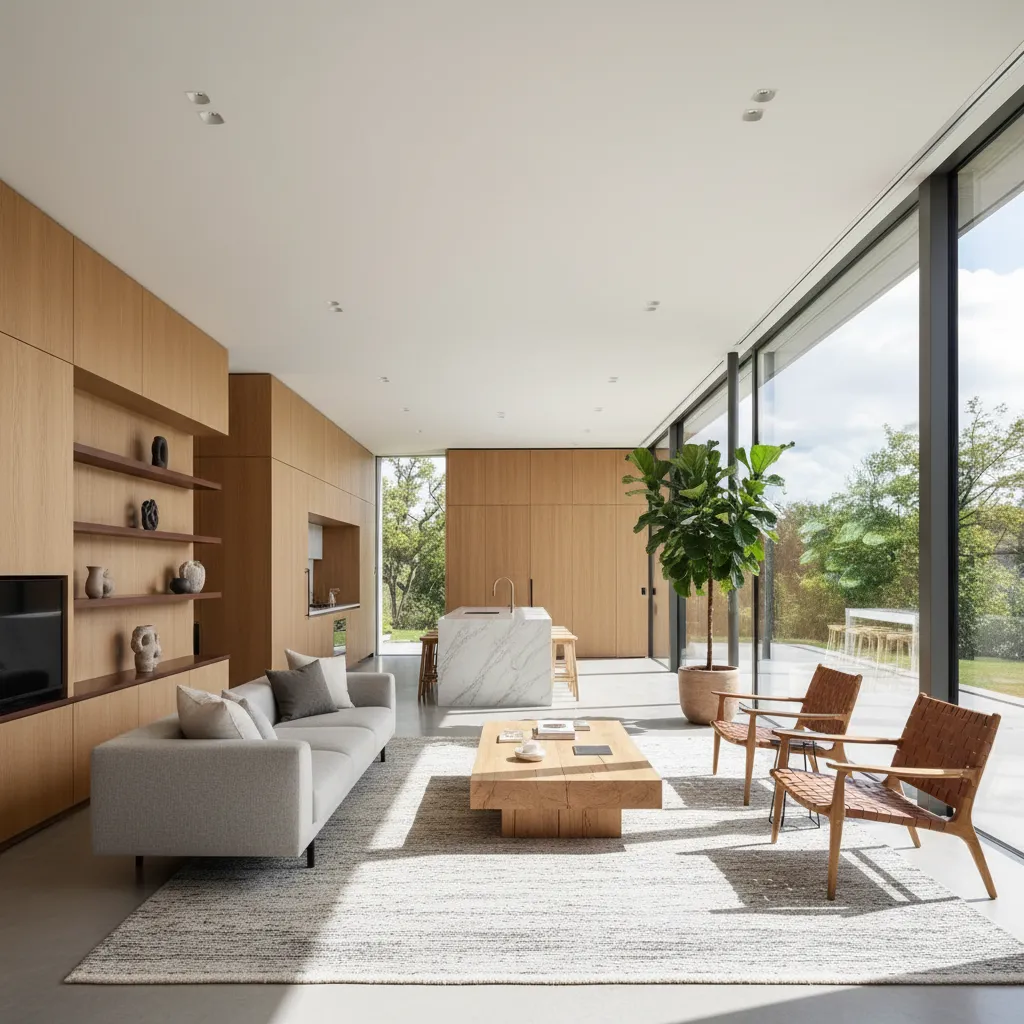 Interior amplio de una casa de 150 metros cuadrados con grandes ventanales