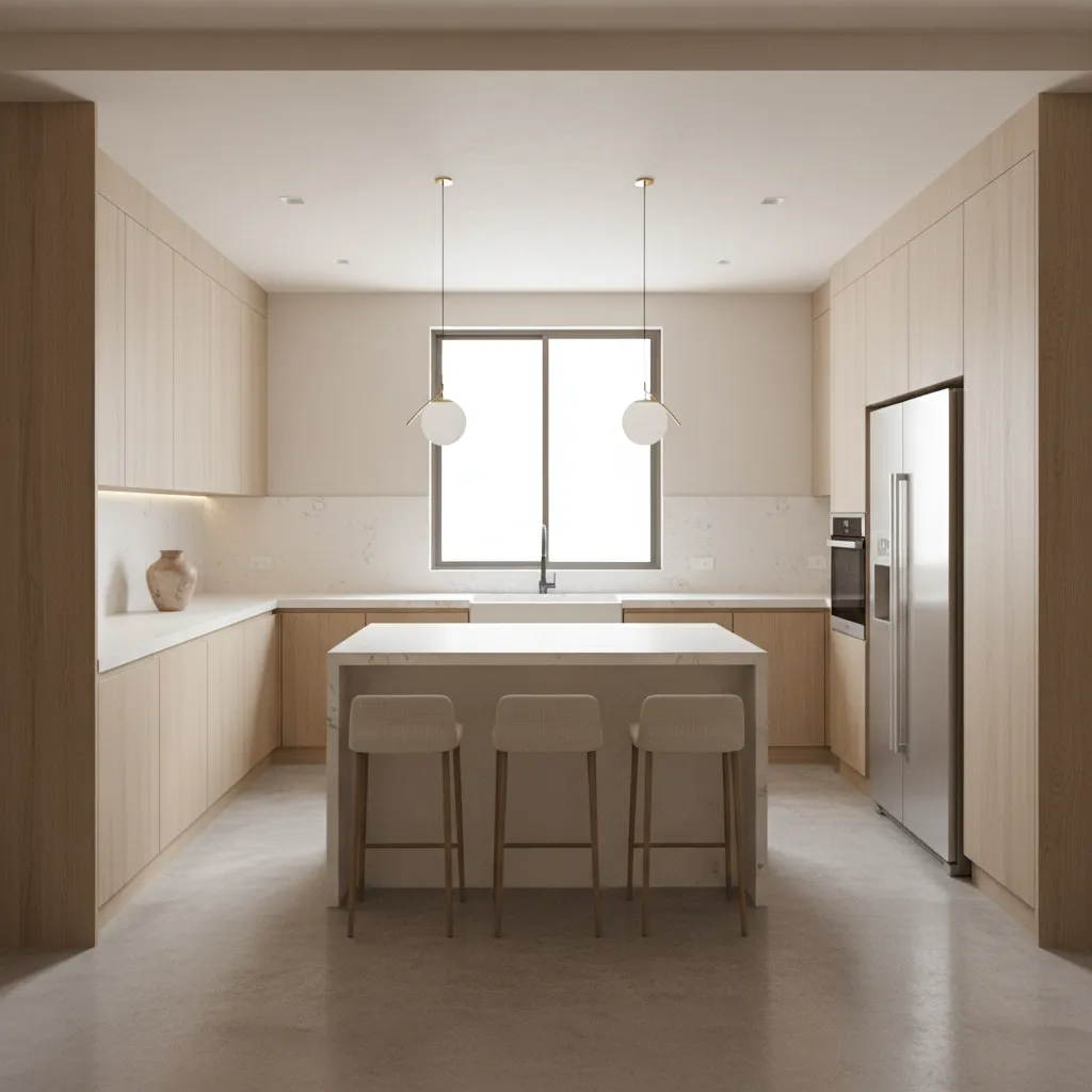Large modern kitchen in a Kolkata apartment with wide counters and storage cabinets