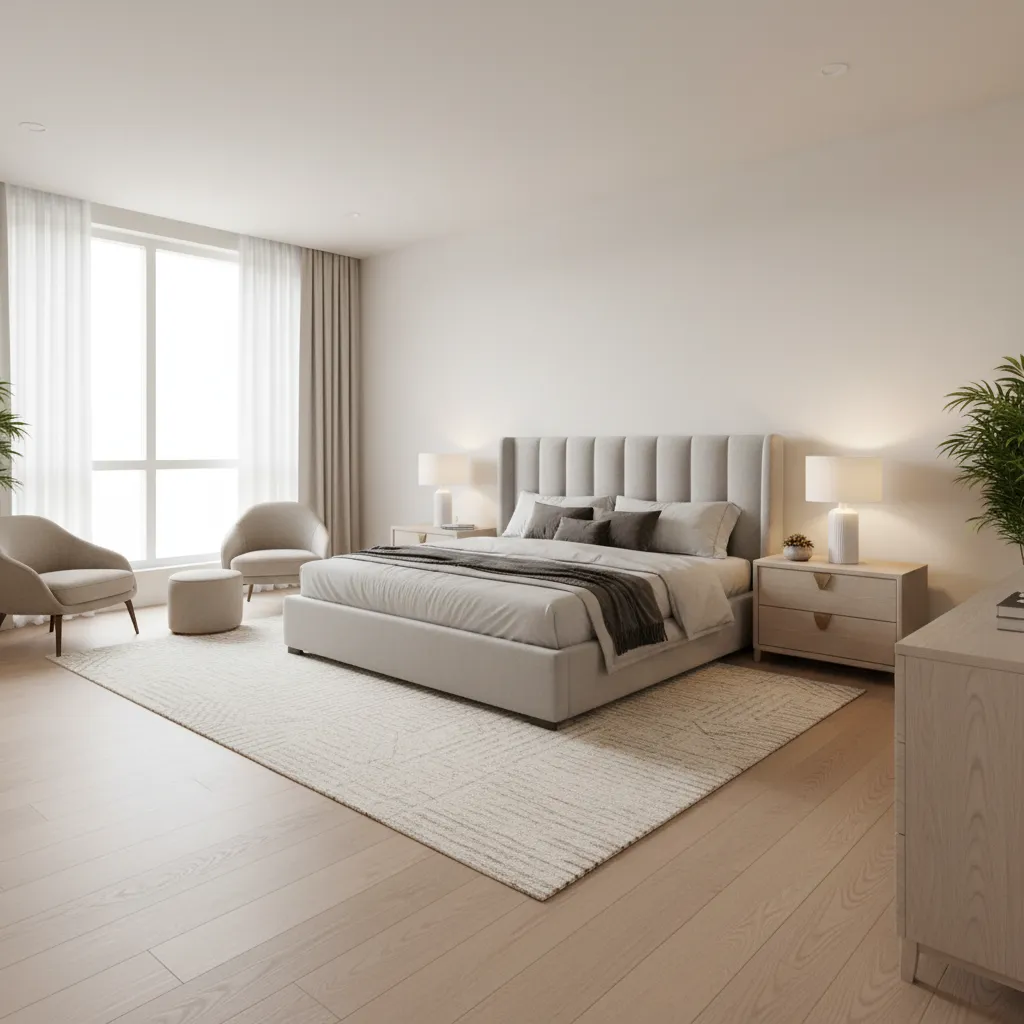 large master bedroom with balanced bed placement and open floor space