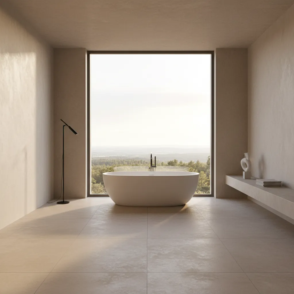 spacious modern bathroom layout with freestanding tub and large windows