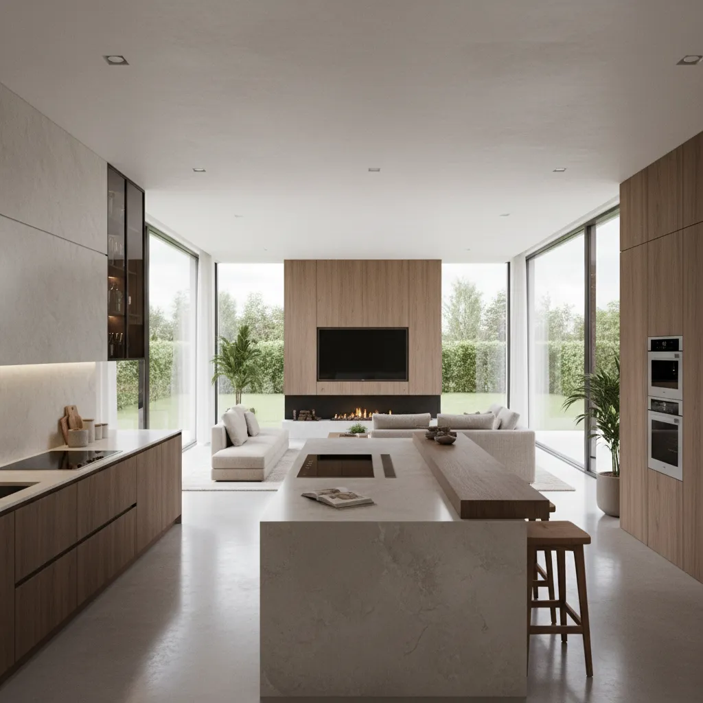 Open plan kitchen and living area in a spacious modern family house