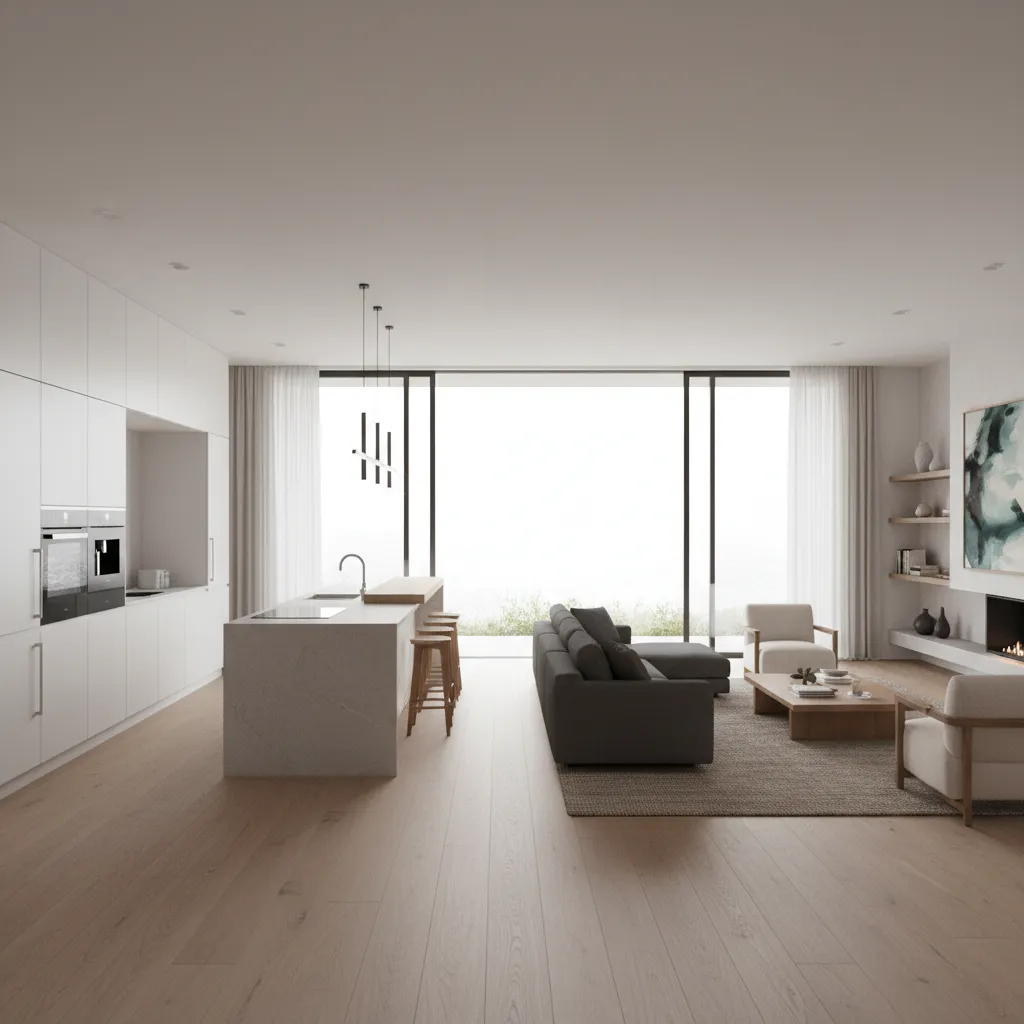 Modern open plan kitchen and living room with white cabinets grey sofa and large windows