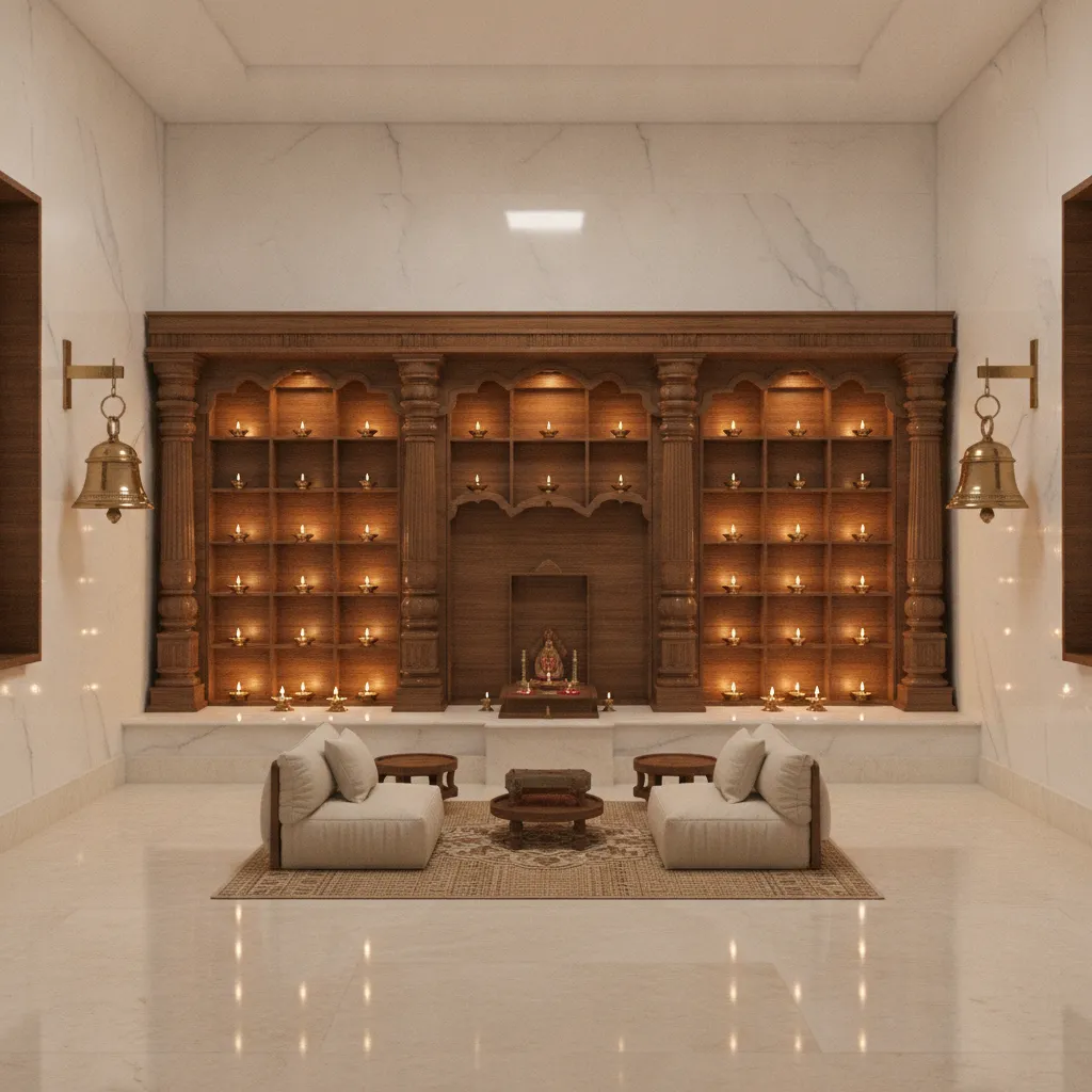 Spacious modern pooja room with wooden mandir and marble wall
