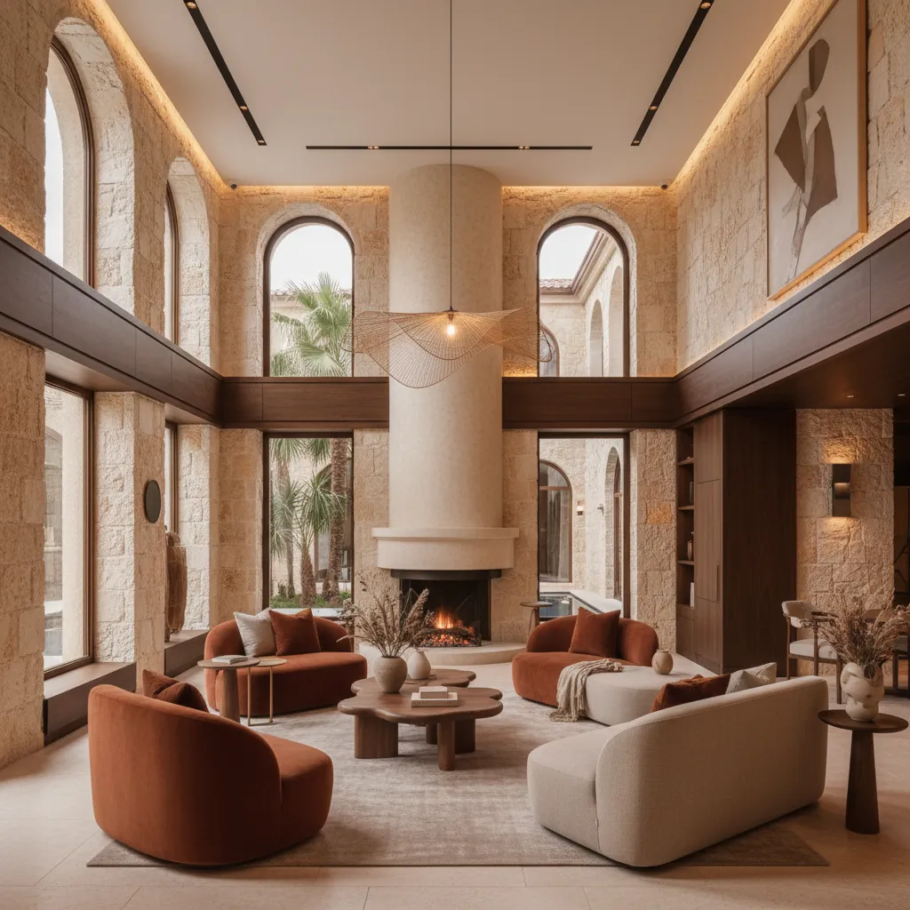 Interior de hotel boutique diseñado por interioristas españoles con iluminación cálida y materiales nobles