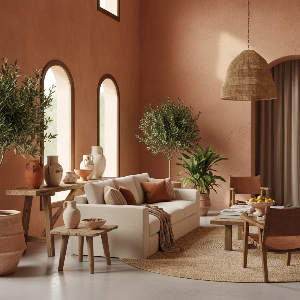 Interior contemporáneo con cerámica artesanal y materiales naturales