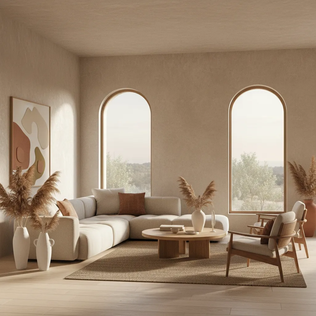 Salón moderno diseñado por un interiorista español con muebles contemporáneos y materiales naturales