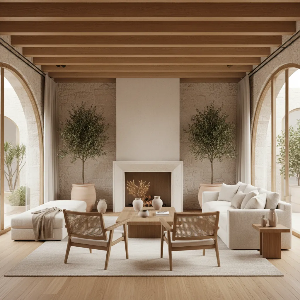 Salón moderno inspirado en interiorismo español con materiales naturales