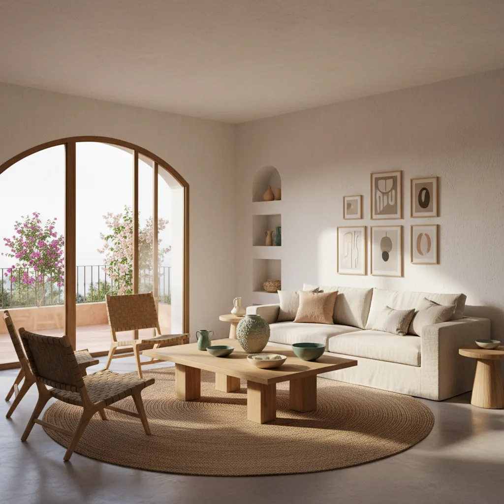 Salón luminoso con materiales naturales característico del interiorismo español