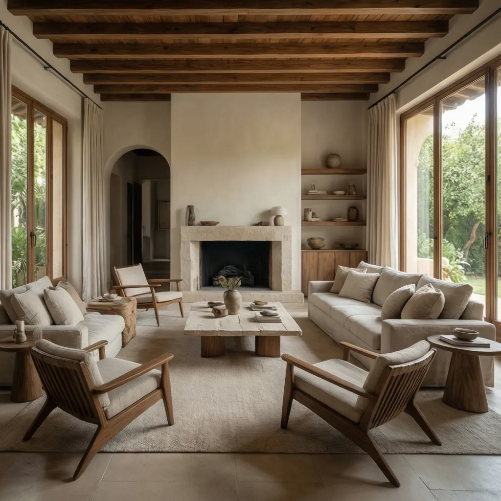 Rustic living room with wood beam ceiling, stone fireplace, cream sofas, armchairs, and coffee table