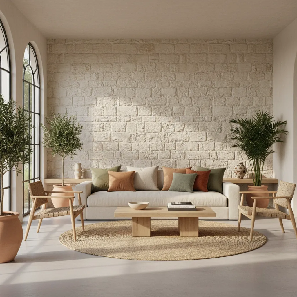 Bright living room with stone wall white sofa wooden coffee table round rug and plants