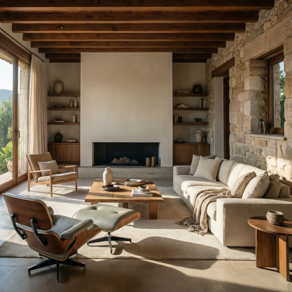 Salón moderno con estética mediterránea y mobiliario de diseño español