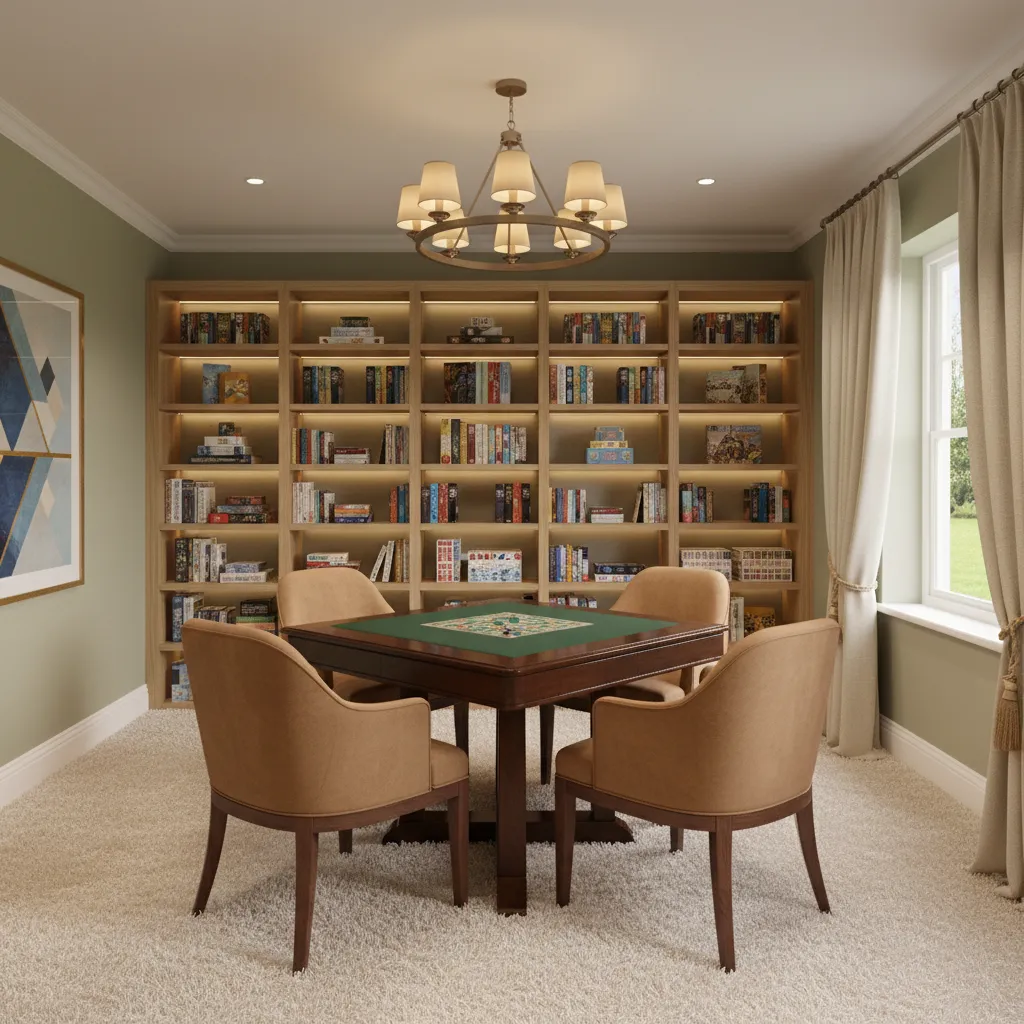 Converted spare bedroom with gaming table seating and shelves