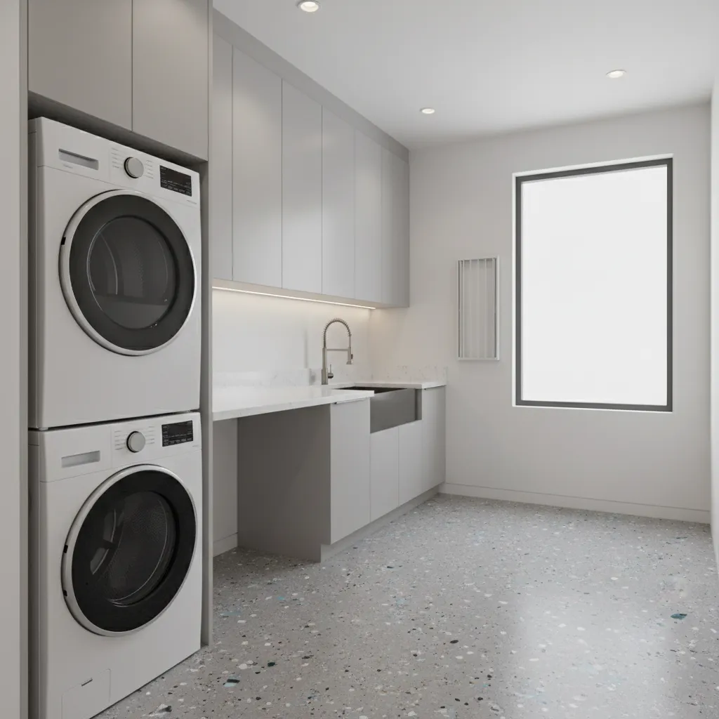 Speckled epoxy painted concrete floor finish in laundry room hiding stains