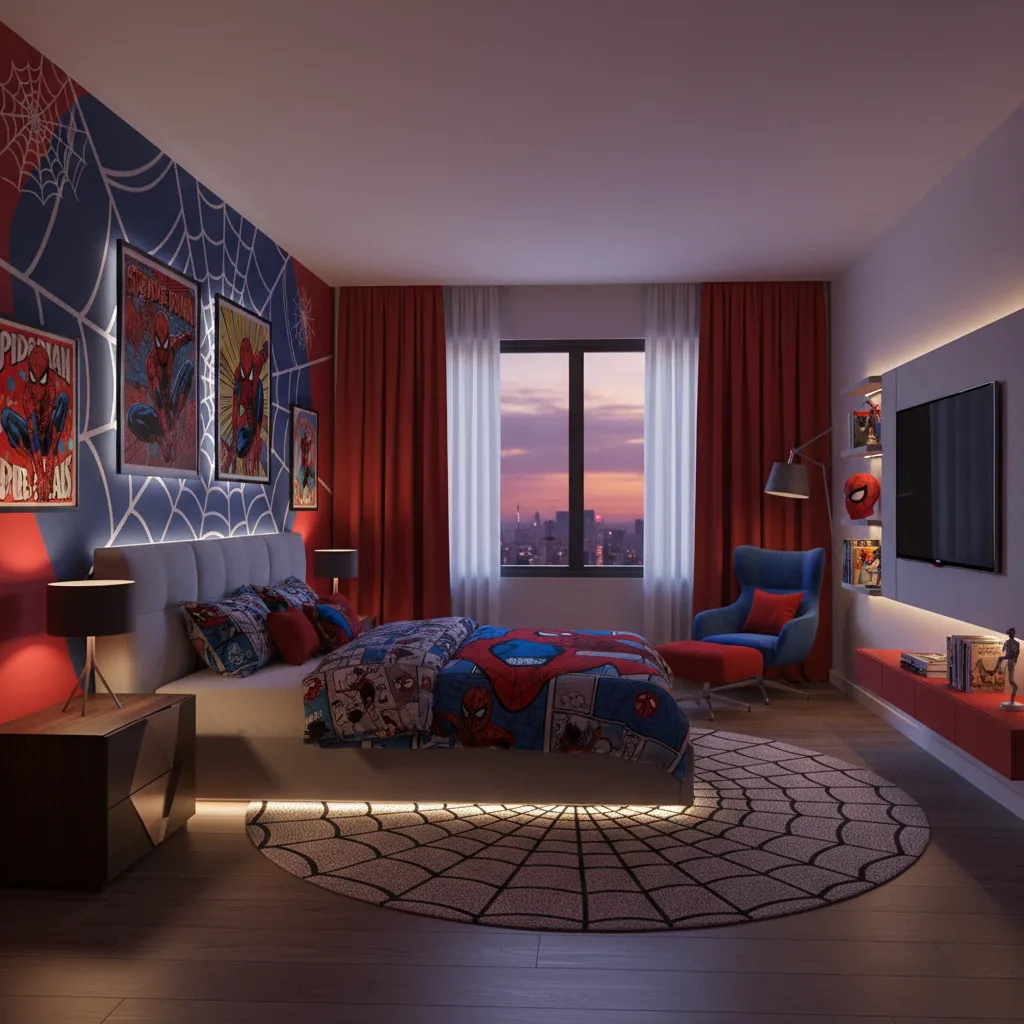 Spider-Man themed bedroom design with red blue color palette