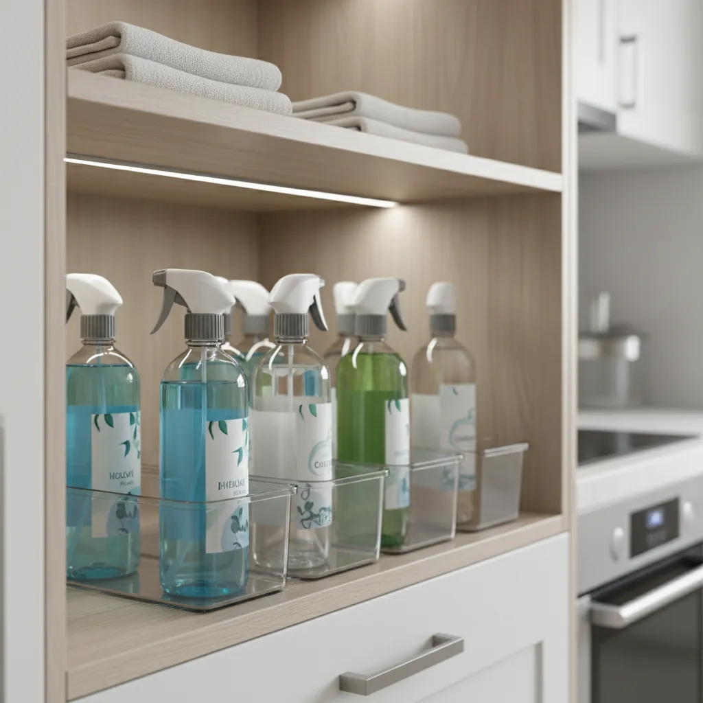 cleaning supplies stored in plastic containment trays inside cabinet