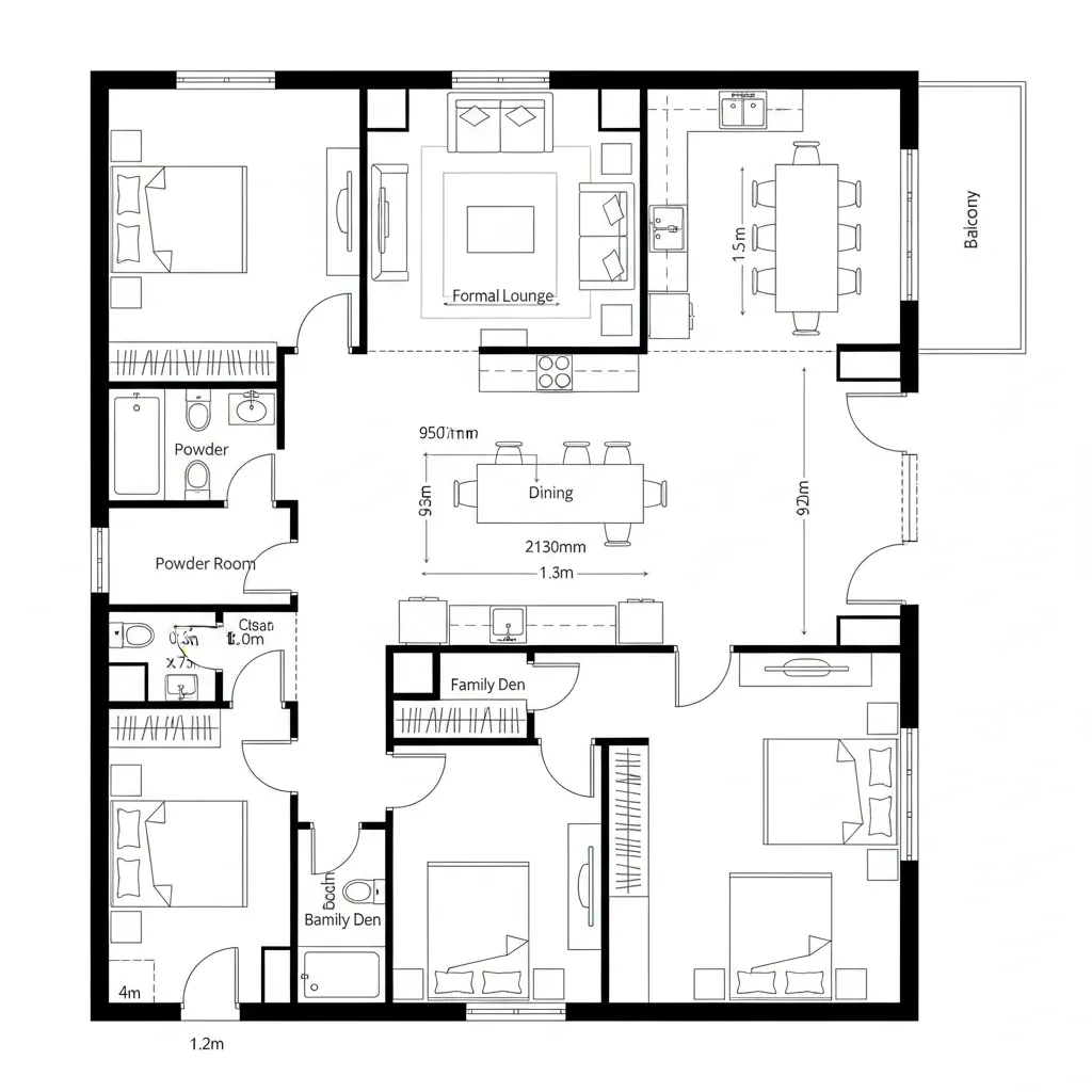 Top-down CAD plan showing a central corridor with formal lounge, dining, kitchen, and a parallel family den branch