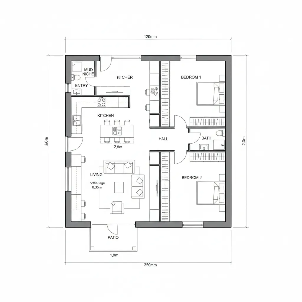 Modern apartment floor plan with two bedrooms one bath and an open kitchen living room layout