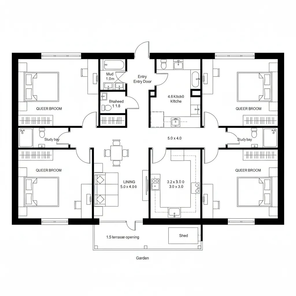 Top-down CAD plan of garden-linked spine with split bedroom quads
