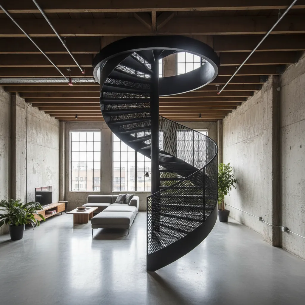 Black spiral metal staircase in industrial living room with grey sofa and exposed wood beams